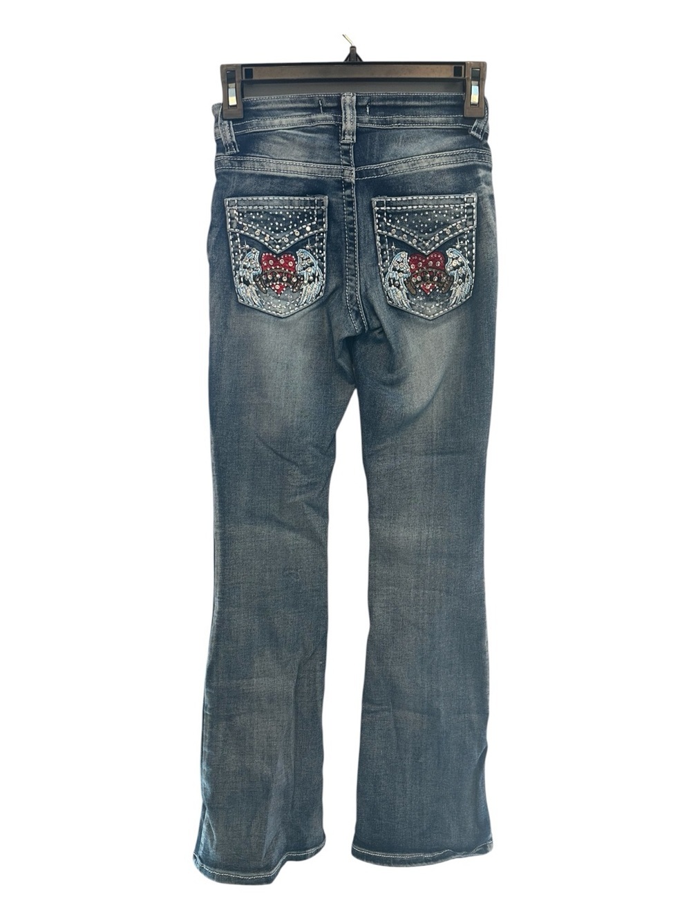 Vintage Y2K Disclosure Women’s Boot Cut Jeans w/ Red Heart & Embroidered Wings 0 - Picture 2 of 8